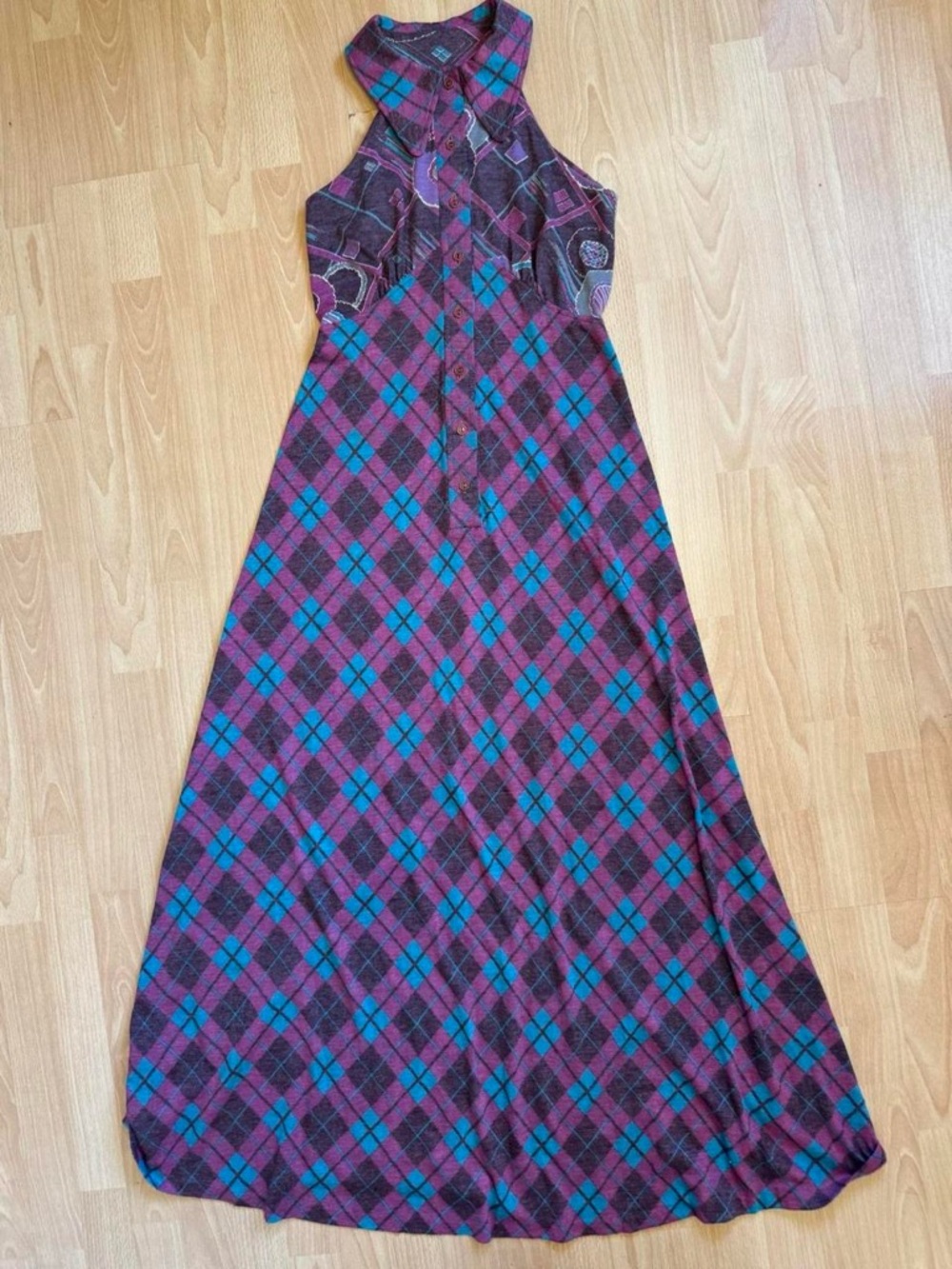 Rare Vintage 70s Plaid Halter Maxi Dress - Turquoise & Magenta